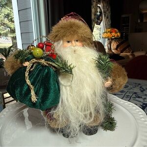Santa Clause Christmas Ornament Or He Stands 7” Fur Cape Coat Bag Toy Gifts Hang